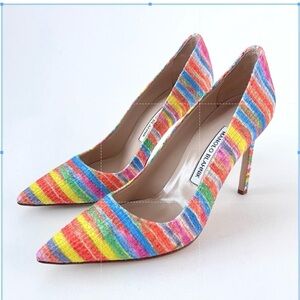 MANOLO BLAHNIK | BB Striped Colorful Rainbow Pointed Pumps Heels EU 37.5